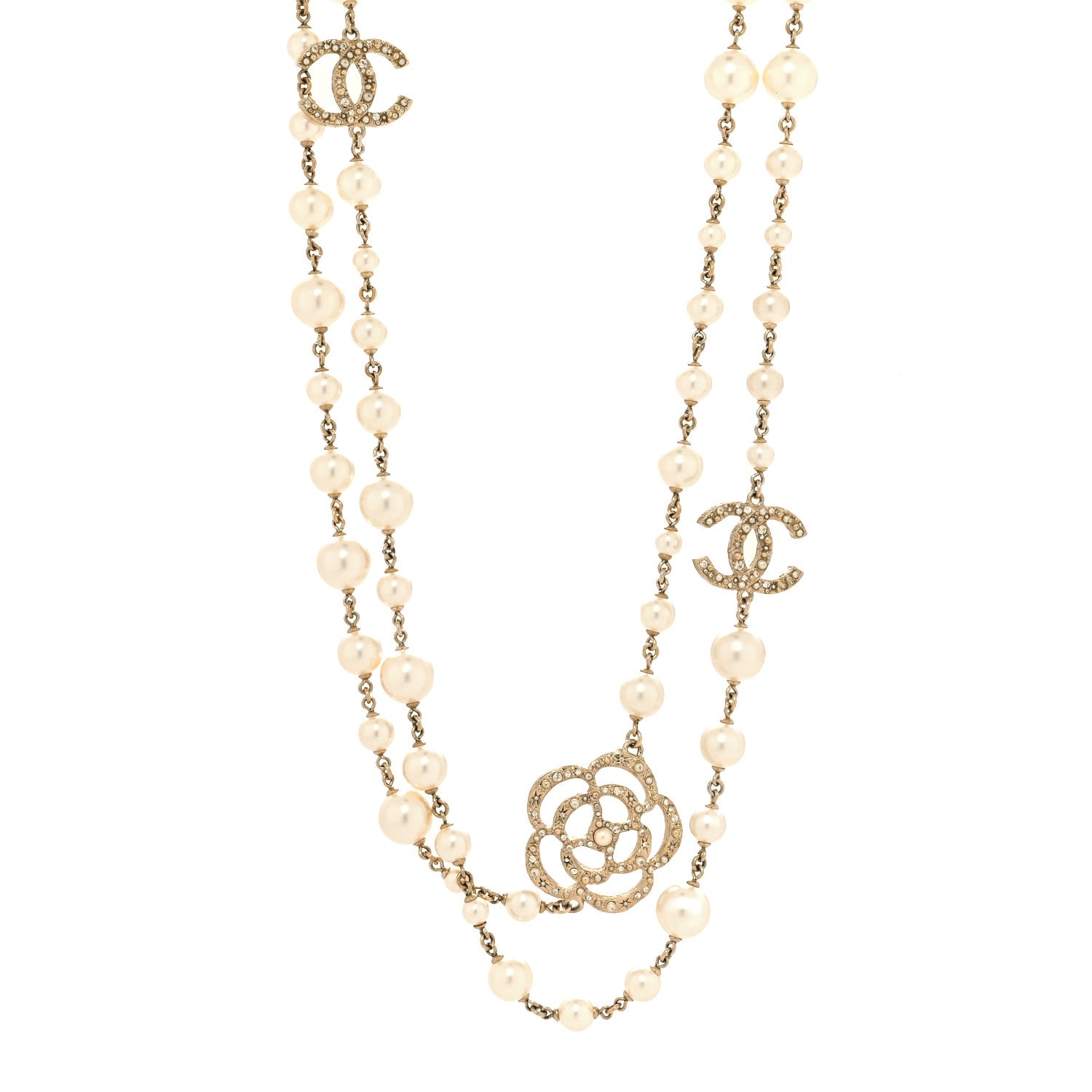 Chanel Pearl Crystal Camellia CC Necklace Gold 1 of 6