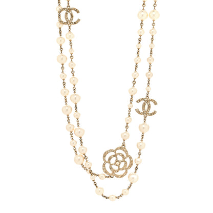 Chanel Pearl Crystal Camellia CC Necklace Gold 1 of 6