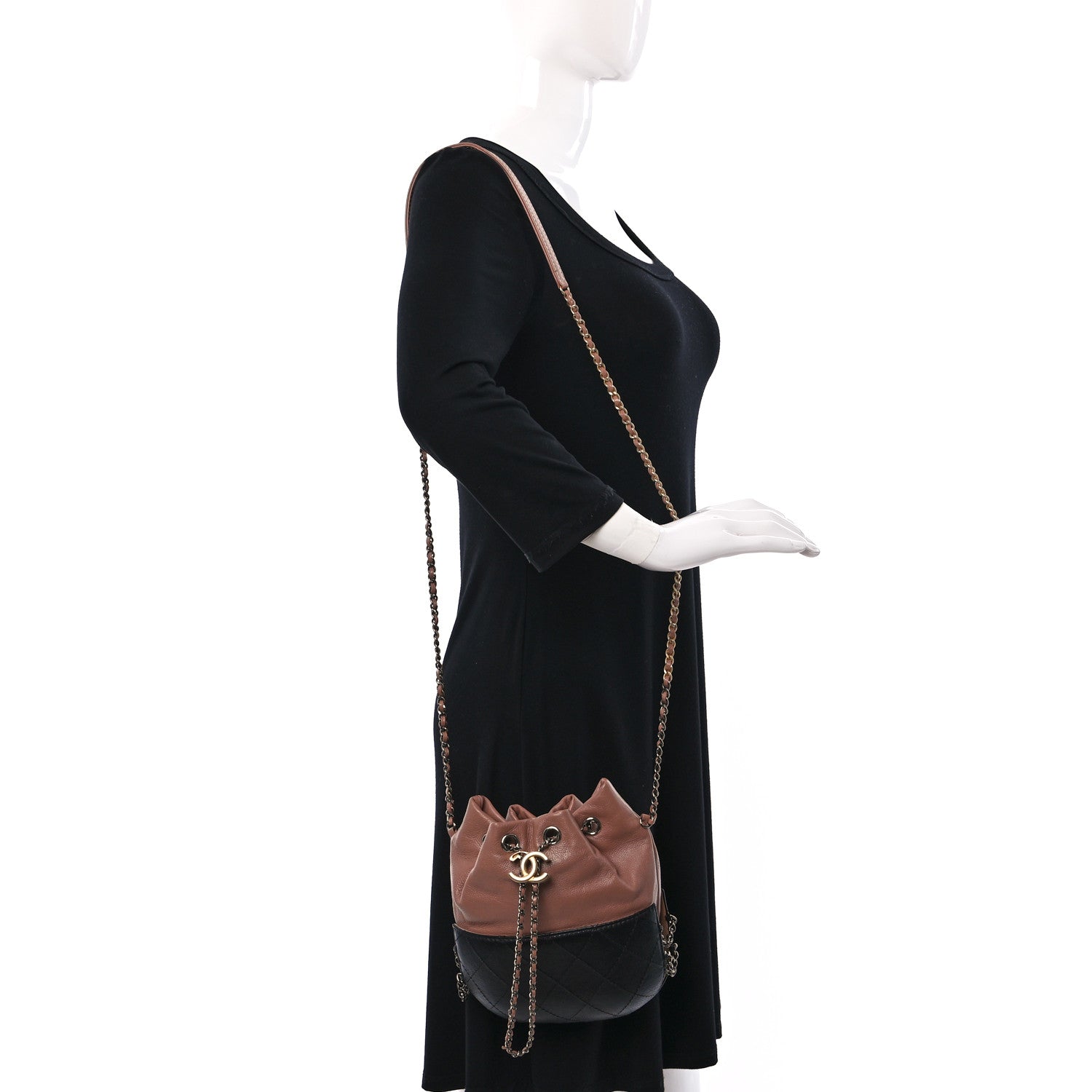 Chanel Calfskin Quilted Small Gabrielle Bucket Beige Black 2 of 10