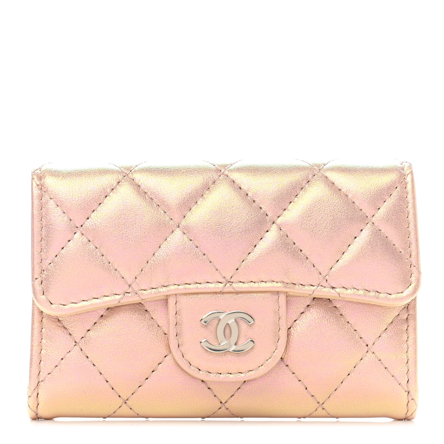 Iridescent Calfskin Quilted Flap Card Holder Wallet Pink