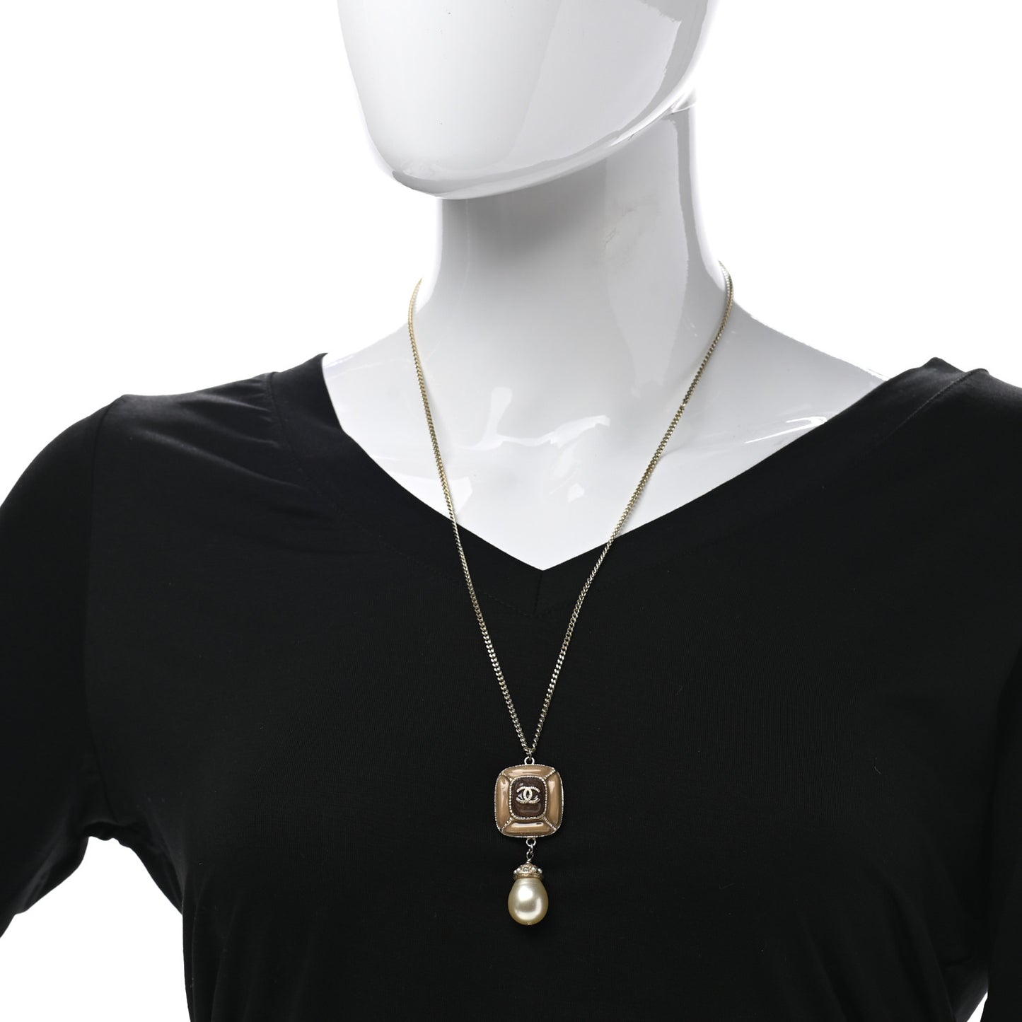 Enamel Pearl CC Pendant Necklace Light Gold