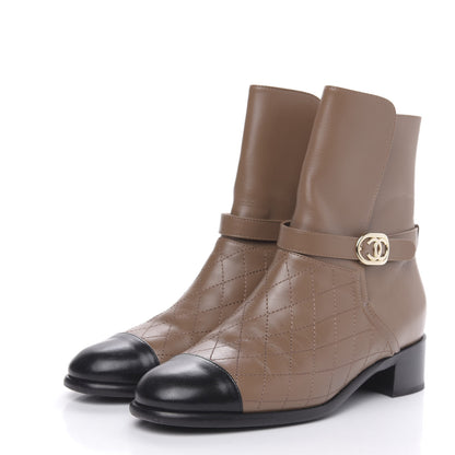Chanel Calfskin Quilted Cap Toe CC Boots 38.5 Light Brown Black 3 of 9