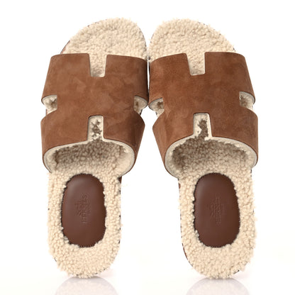 Hermes Suede Goatskin Shearling Mens Izmir Sandals 43 Marron Teck Ecru 3 of 9