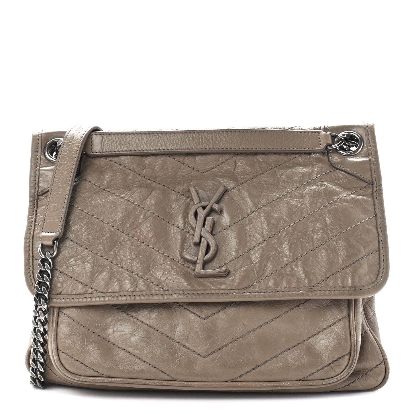 Crinkled Calfskin Matelasse Monogram Medium Niki Chain Satchel Gold Sand