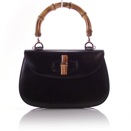 Leather Bamboo Handle Party Handbag Black