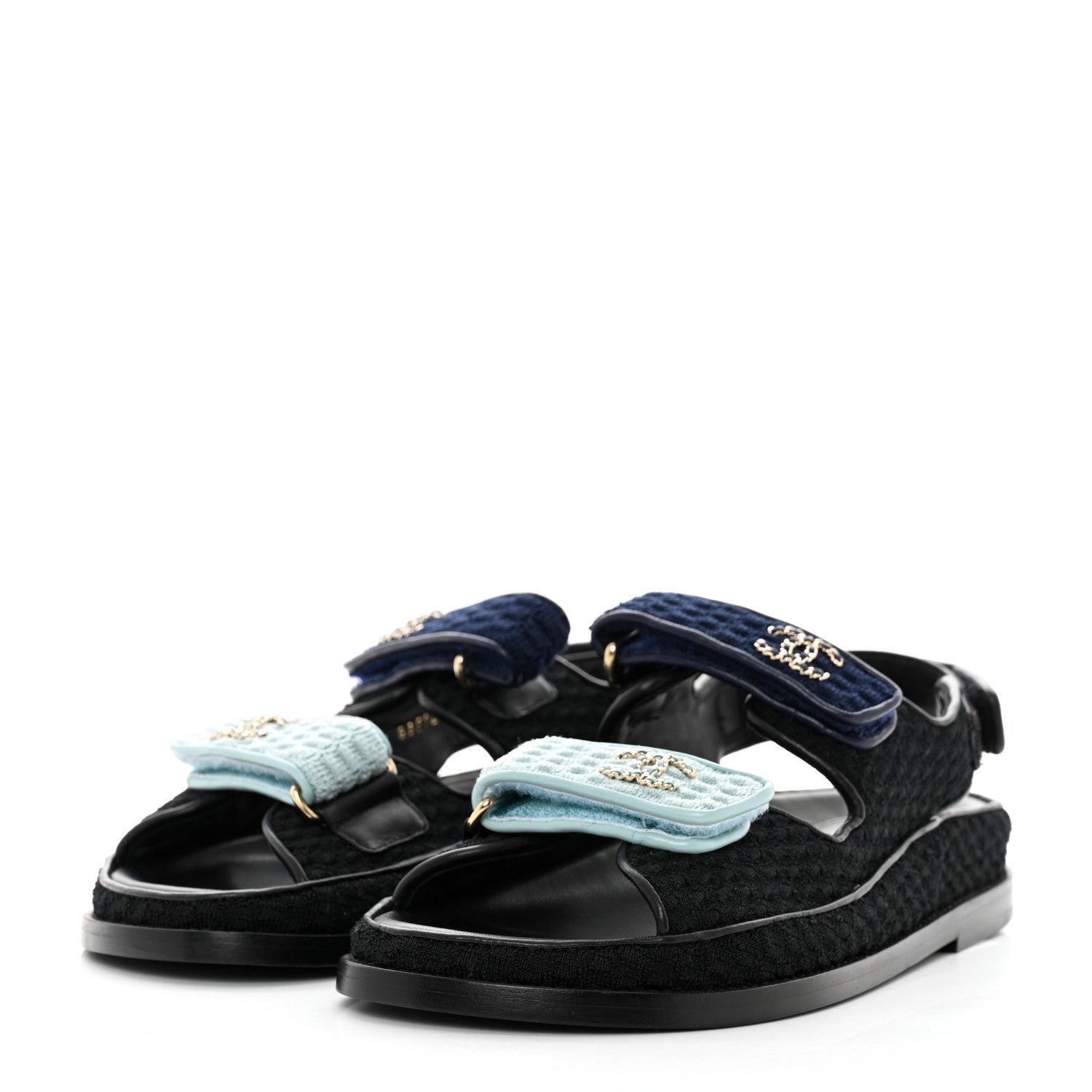 Chanel Knit Fabric Velcro Dad Sandals 38 Black Dark Blue Light Blue 3 of 9