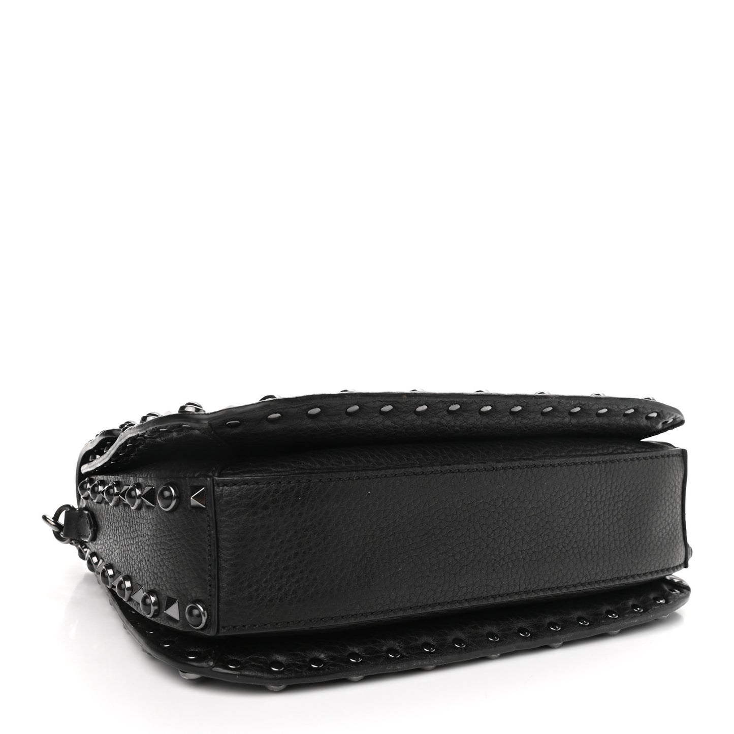 Pebbled Calfskin Onyx Medium Rockstud Rolling Flap Saddle Bag Black