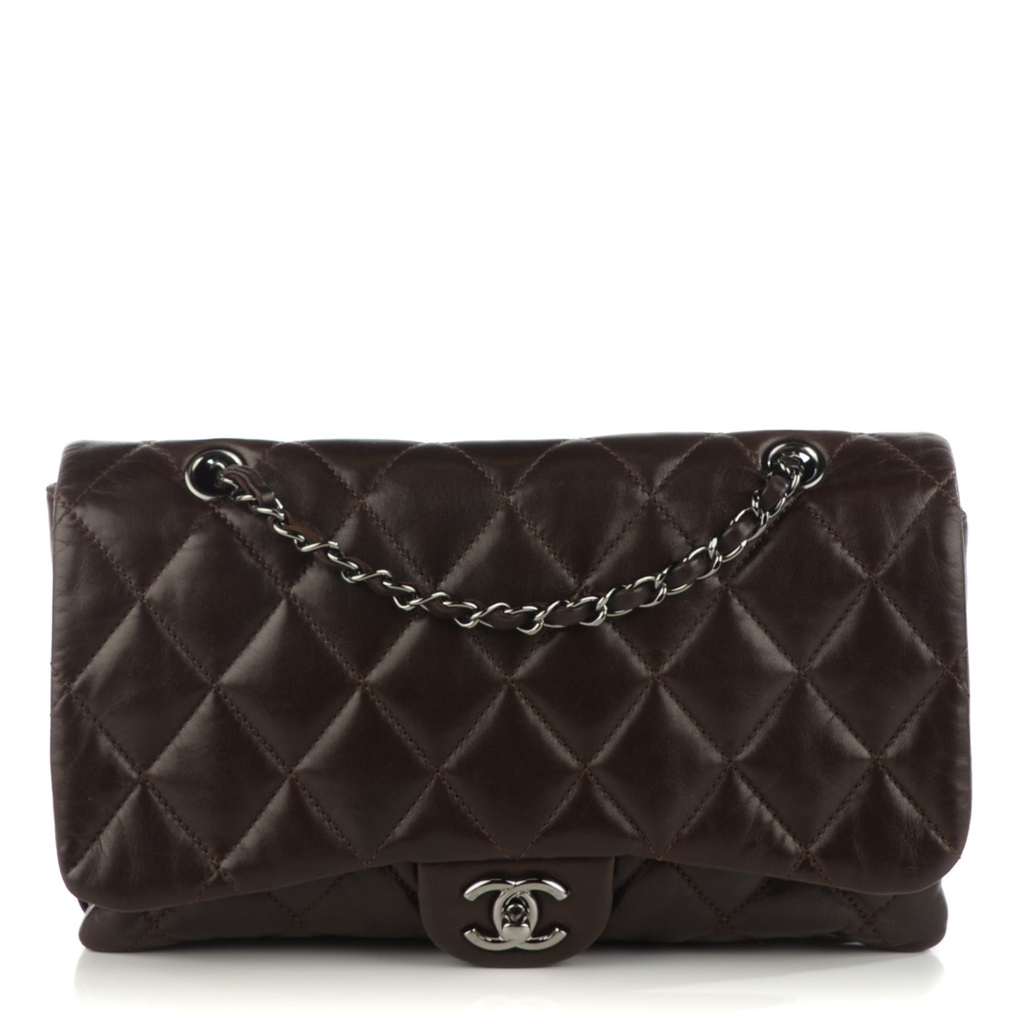 Lambskin Quilted Large 3 Flap Brown