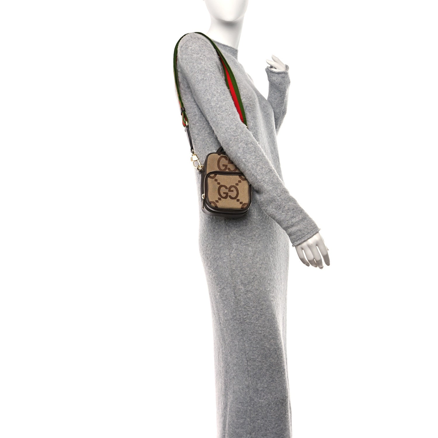 Gucci Monogram Jumbo GG Textured Dollar Calfskin Web Shoulder Bag Camel Ebony New Acero 2 of 10