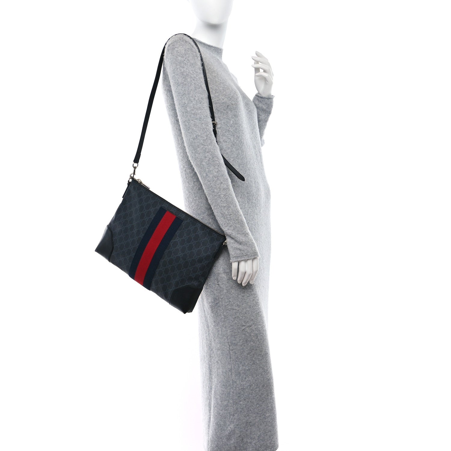 Gucci Soft GG Supreme Monogram Appia Calfskin Web East West Messenger Bag Black Grey 2 of 7