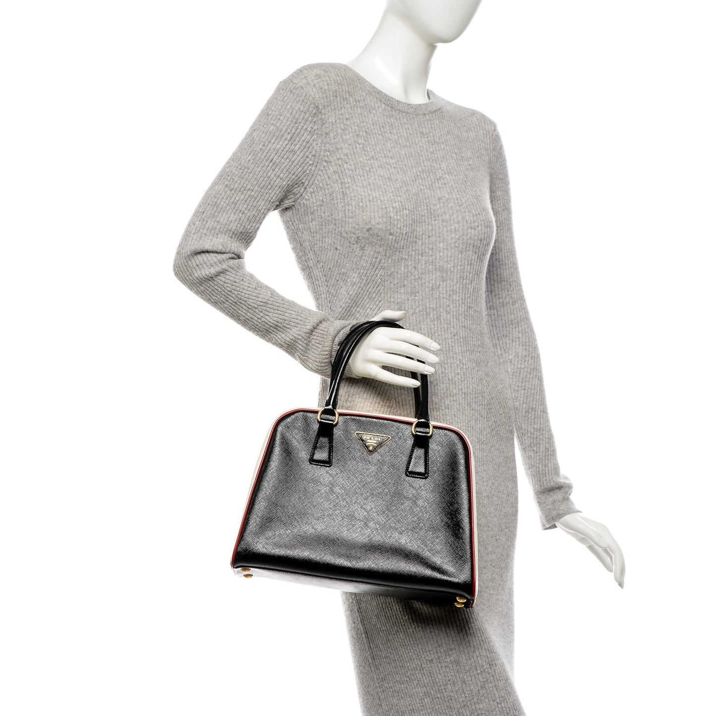 Saffiano Vernice Pyramid Bag Black White Rosso