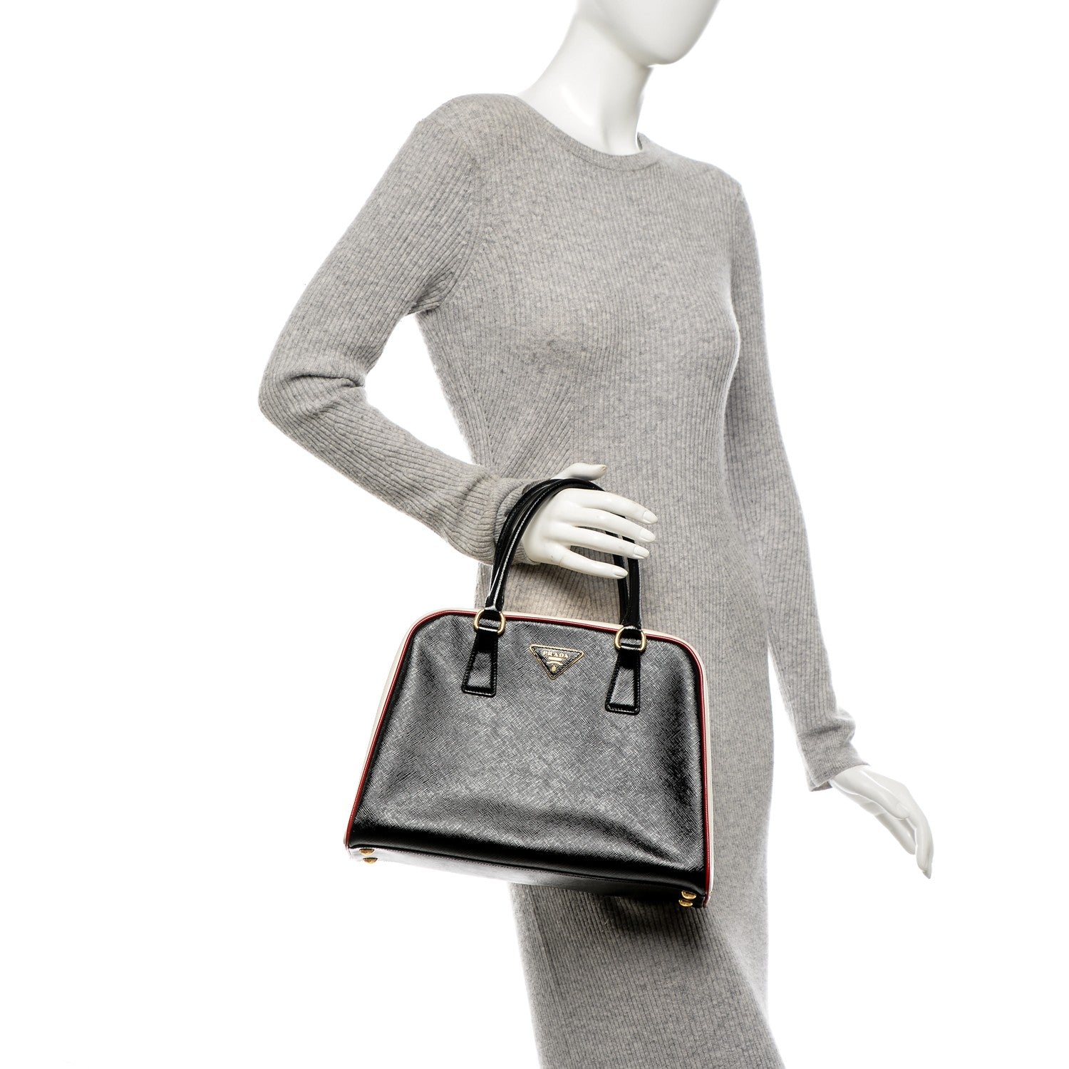 Prada Saffiano Vernice Pyramid Bag Black White Rosso 2 of 7