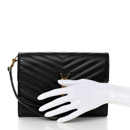 Saint Laurent Grain De Poudre Matelasse Chevron Monogram Envelope Clutch Black 2 of 7