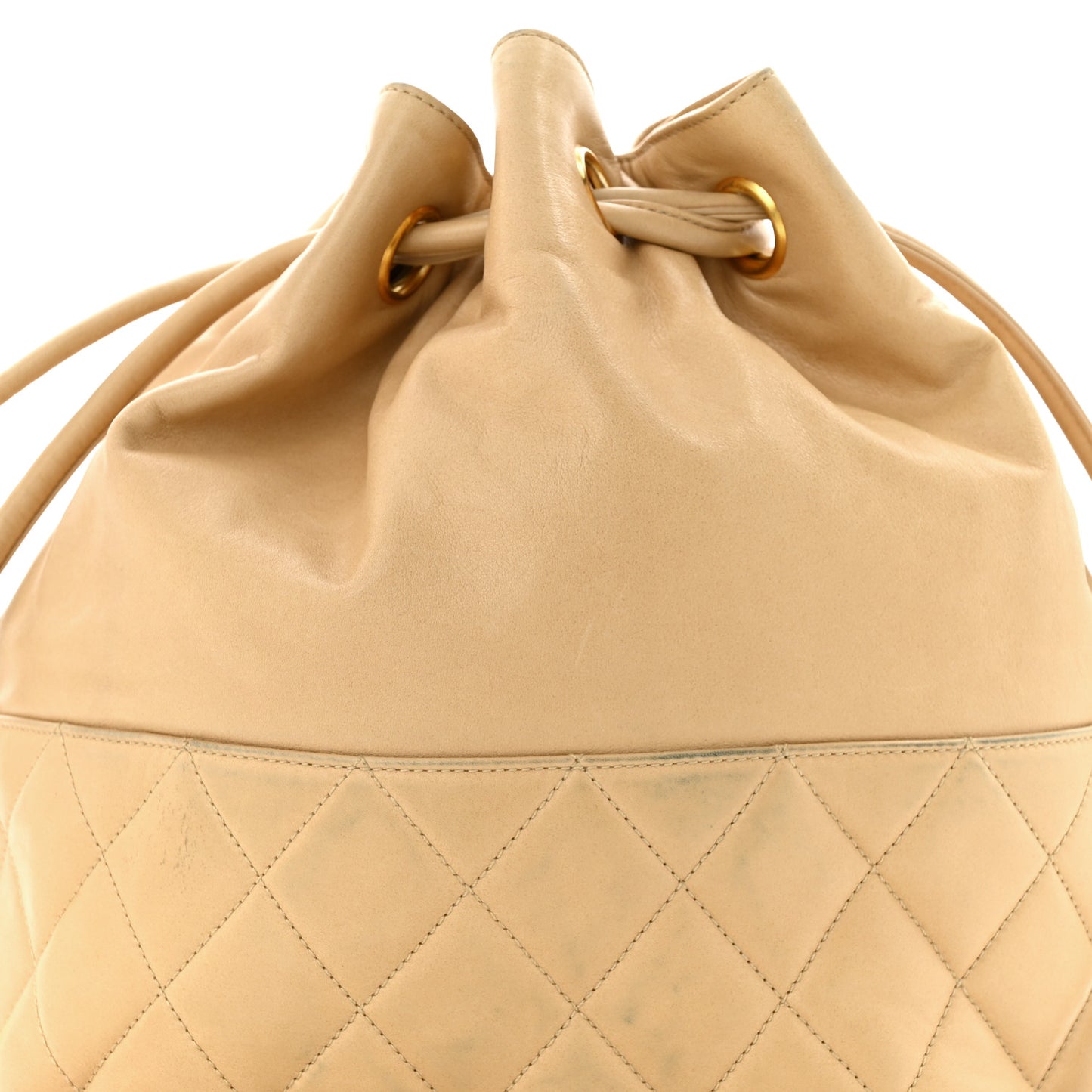 Lambskin Quilted Drawstring Bucket Bag Beige