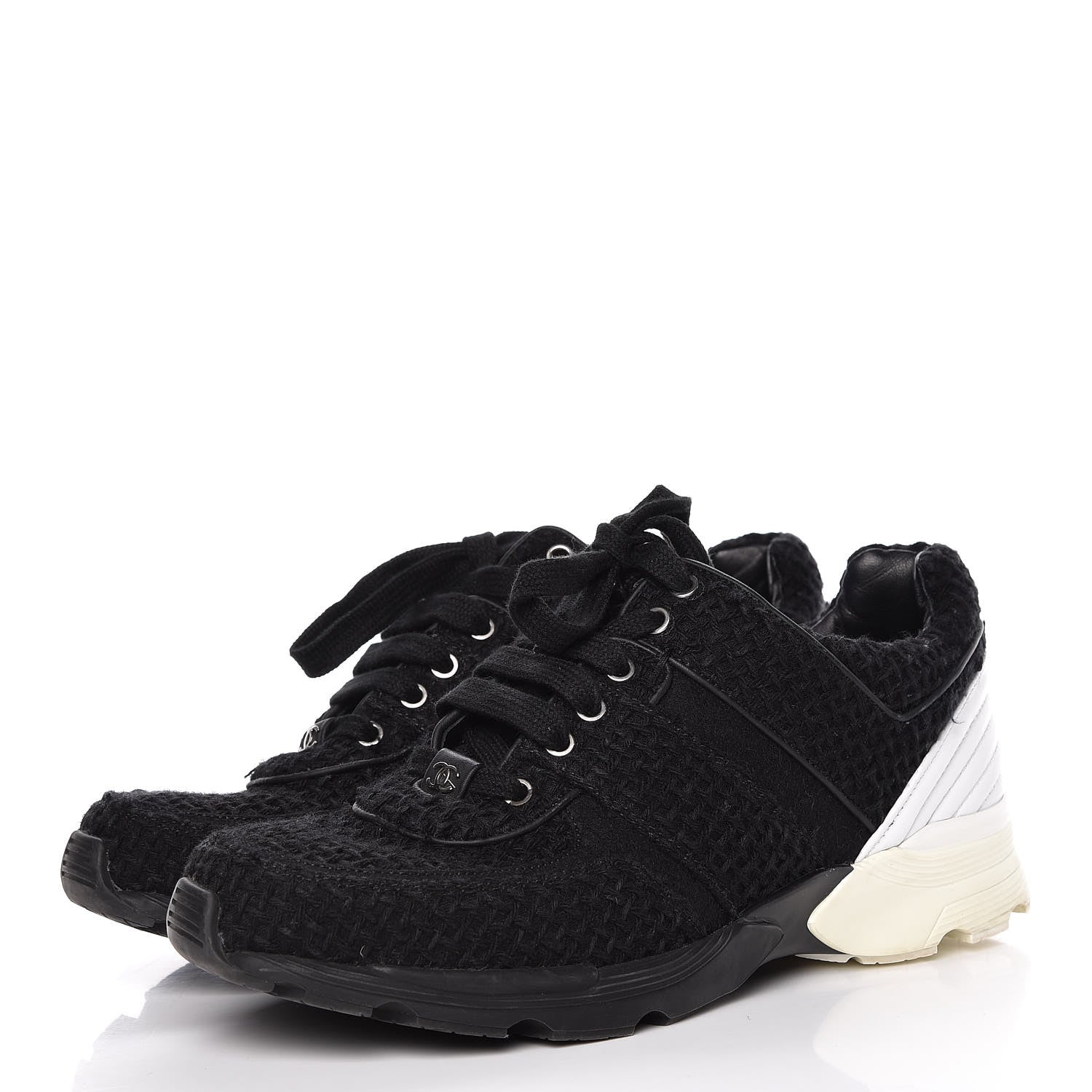 Chanel Tweed Calfskin Sneakers 40 Black White 3 of 14