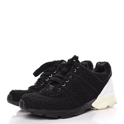Chanel Tweed Calfskin Sneakers 40 Black White 3 of 14