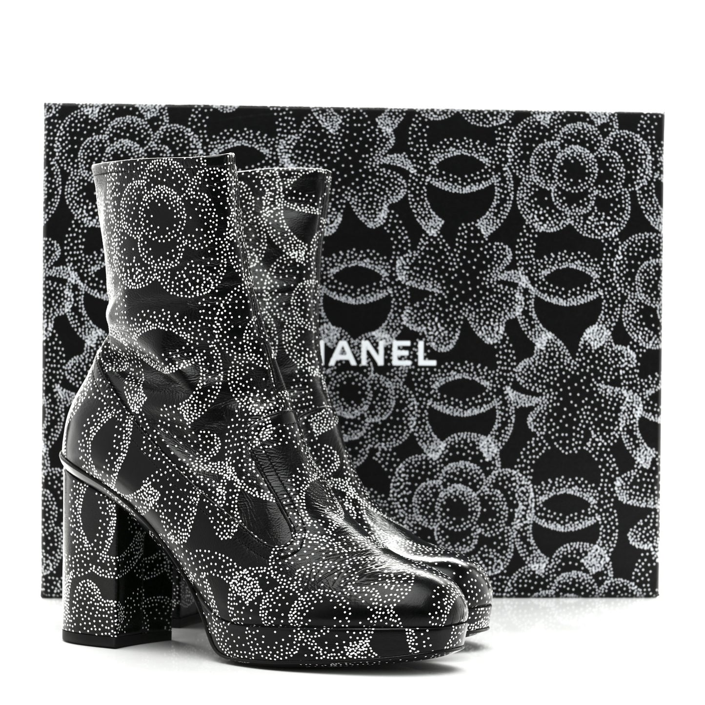 Calfskin Camellia Printed Ankle Boots 38 Black White