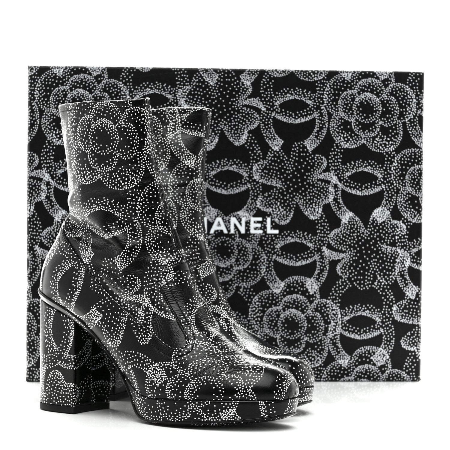 Chanel Calfskin Camellia Printed Ankle Boots 38 Black White 9 of 9