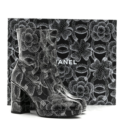 Chanel Calfskin Camellia Printed Ankle Boots 38 Black White 9 of 9