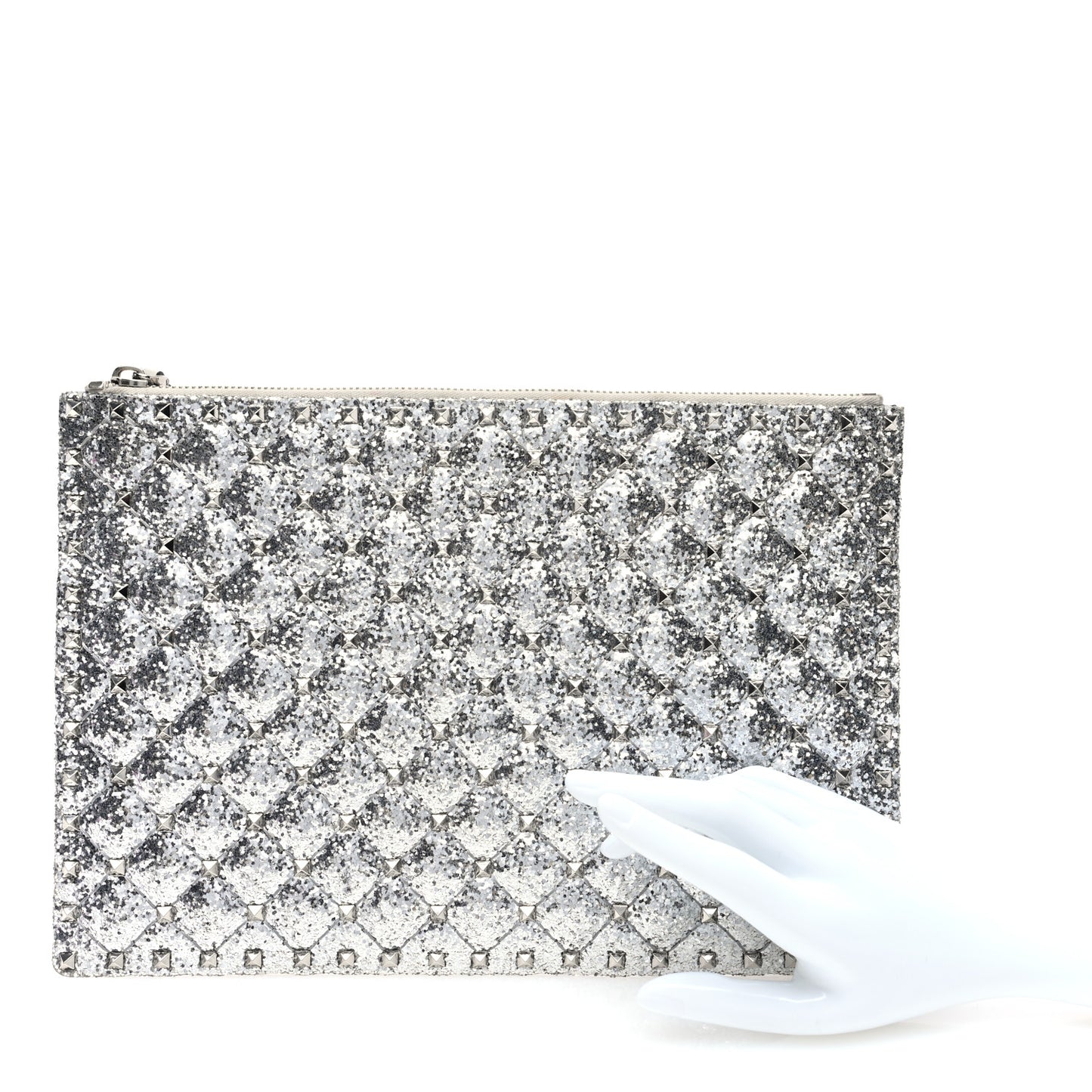Sequin Vitello Rockstud Spike It Zip Pouch Silver