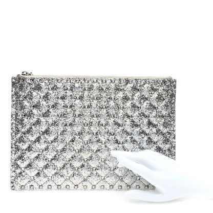 Valentino Garavani Sequin Vitello Rockstud Spike It Zip Pouch Silver 2 of 6