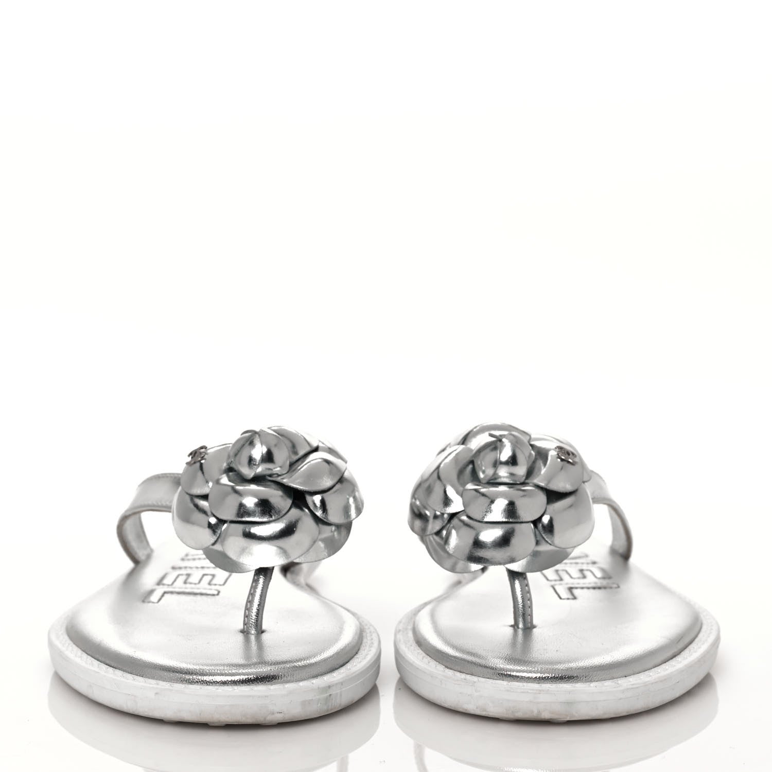 Chanel Iridescent Patent Calfskin Camellia Thong Sandals 37 Silver 2 of 8
