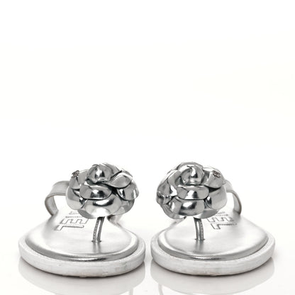 Chanel Iridescent Patent Calfskin Camellia Thong Sandals 37 Silver 2 of 8