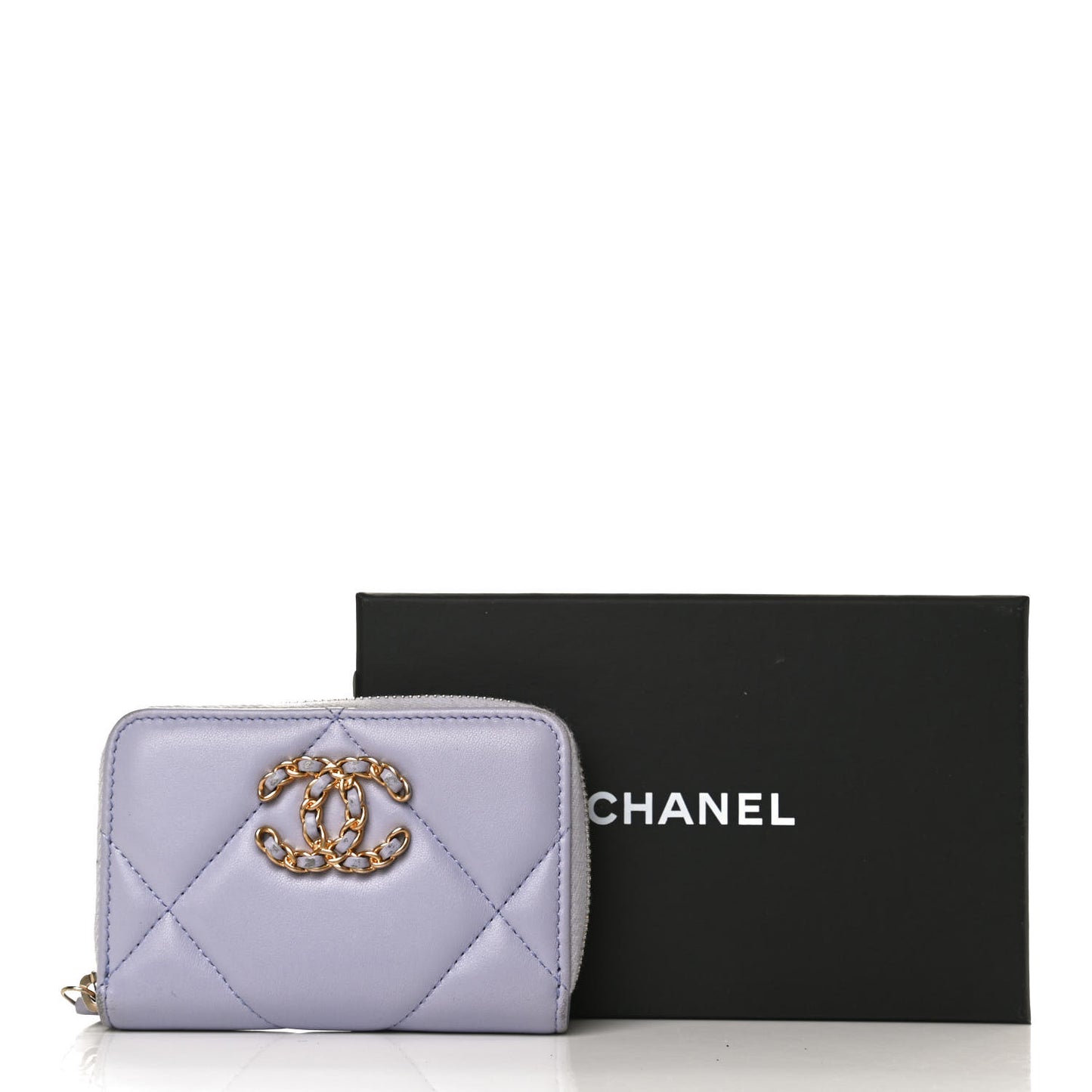 Lambskin Quilted Chanel 19 Zip Around Coin Purse Wallet Light Purple