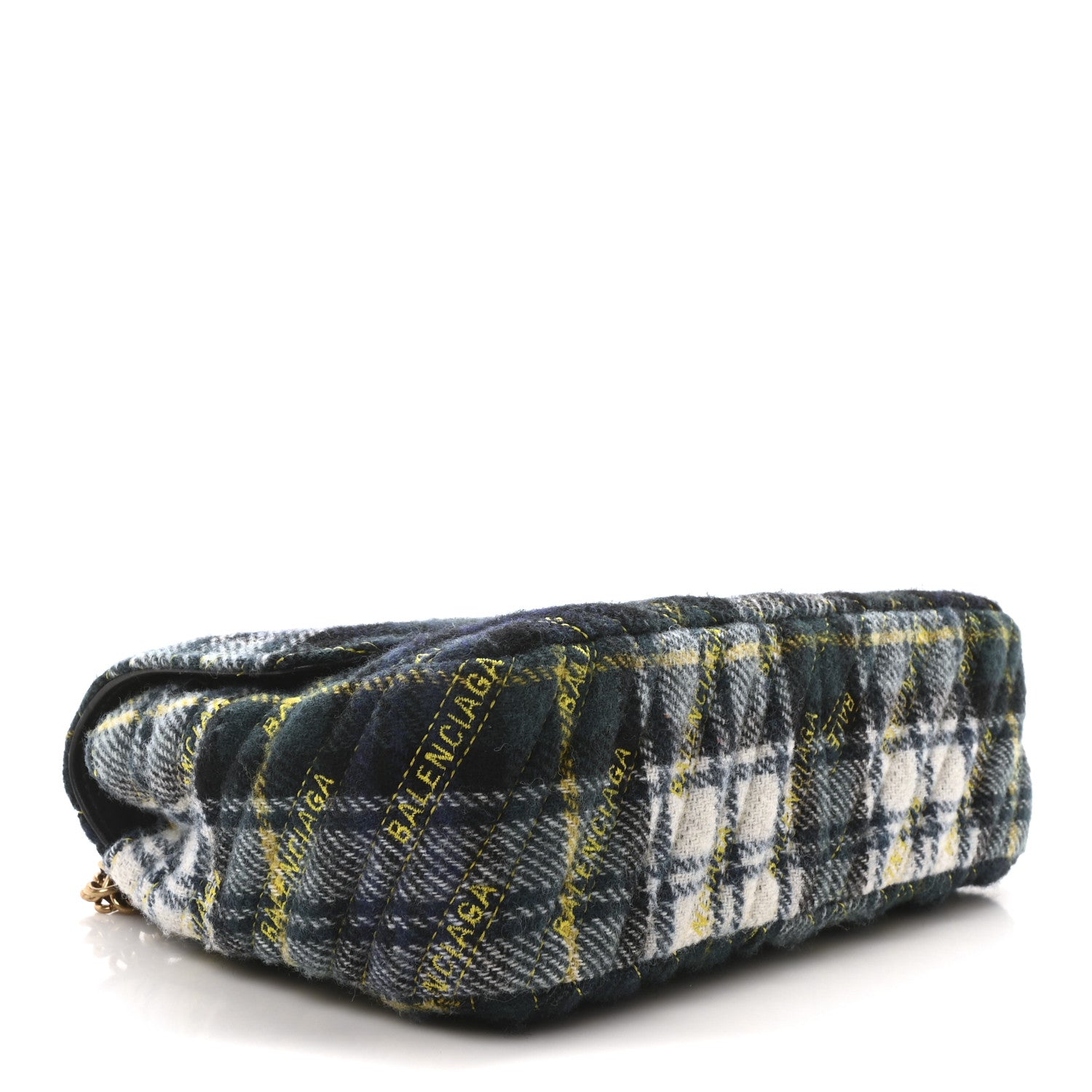 Balenciaga Wool Plaid Diagonal Allover Logo Matelasse M BB Round Shoulder Bag Green Blue Yellow 4 of 9