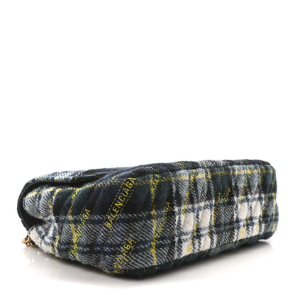 Balenciaga Wool Plaid Diagonal Allover Logo Matelasse M BB Round Shoulder Bag Green Blue Yellow 4 of 9