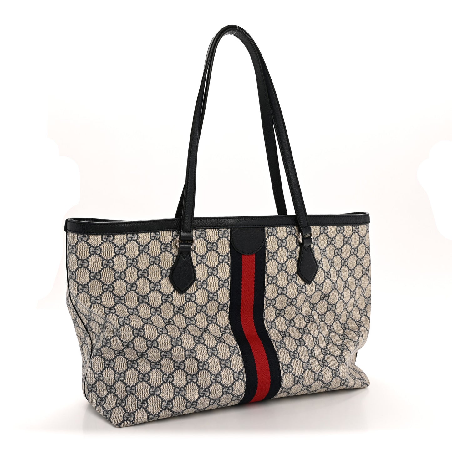 GG Supreme Monogram Textured Calfskin Web Medium Ophidia Shopping Tote Beige Blue