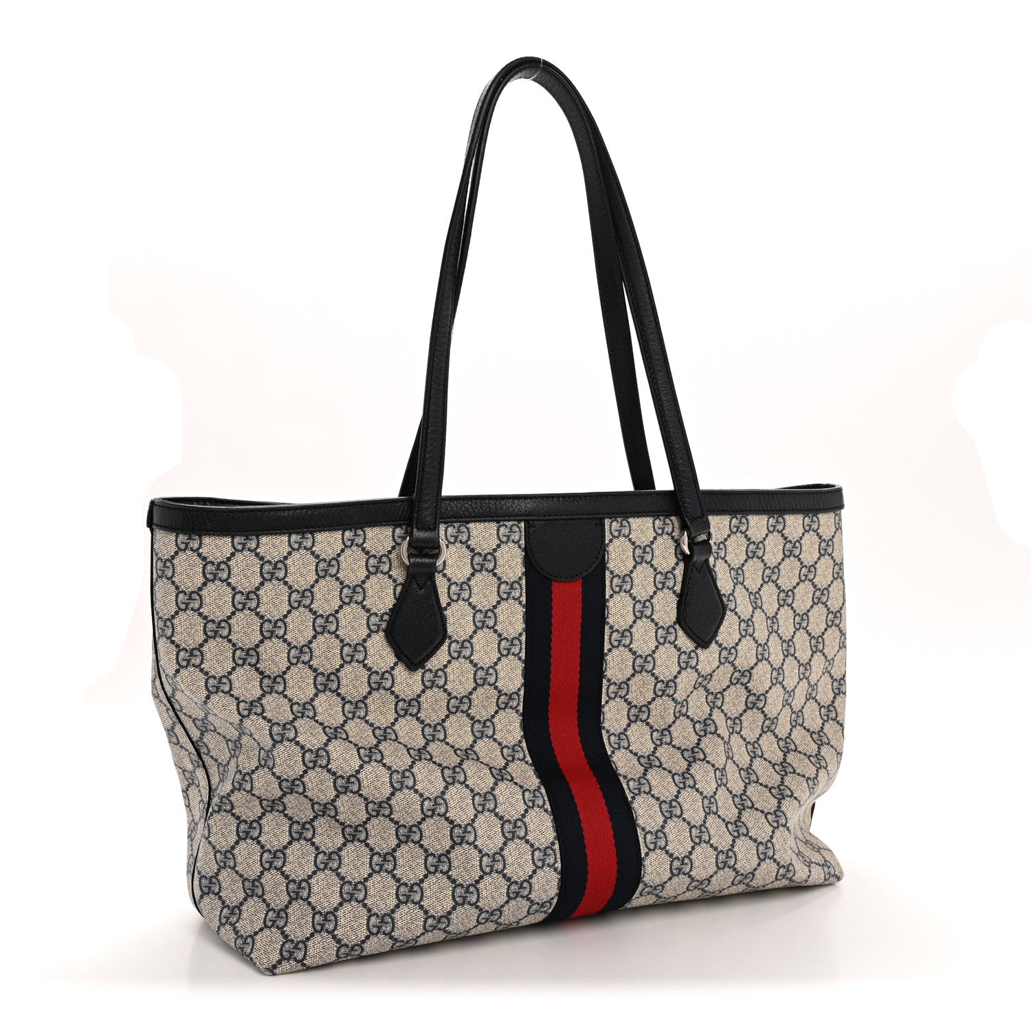 Gucci GG Supreme Monogram Textured Calfskin Web Medium Ophidia Shopping Tote Beige Blue 3 of 15