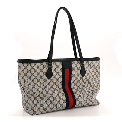 Gucci GG Supreme Monogram Textured Calfskin Web Medium Ophidia Shopping Tote Beige Blue 3 of 15