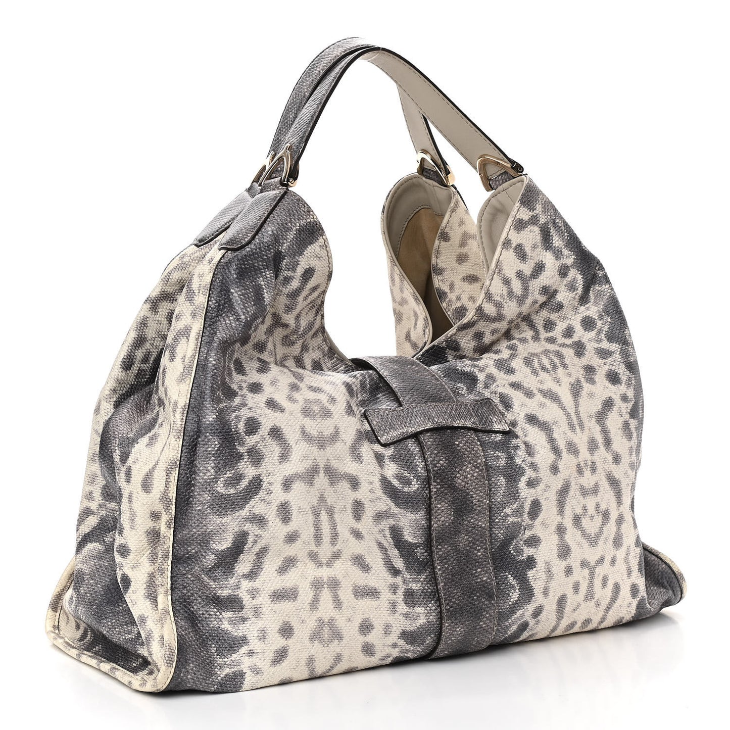 Calfskin Animalier Karung Printed Large Soft Stirrup Shoulder Bag Gray