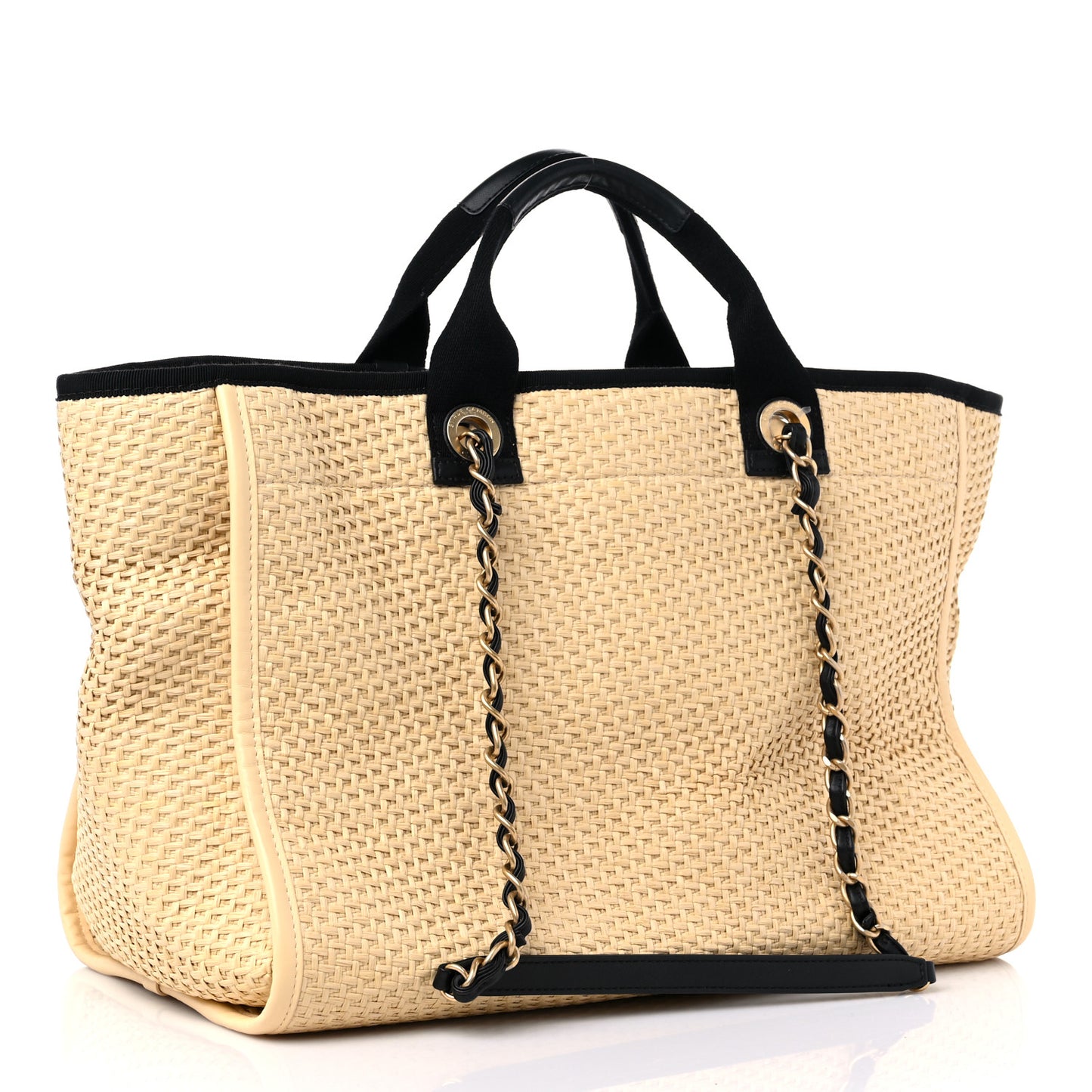 Straw Raffia Calfskin Chain Medium Deauville Tote Beige Black