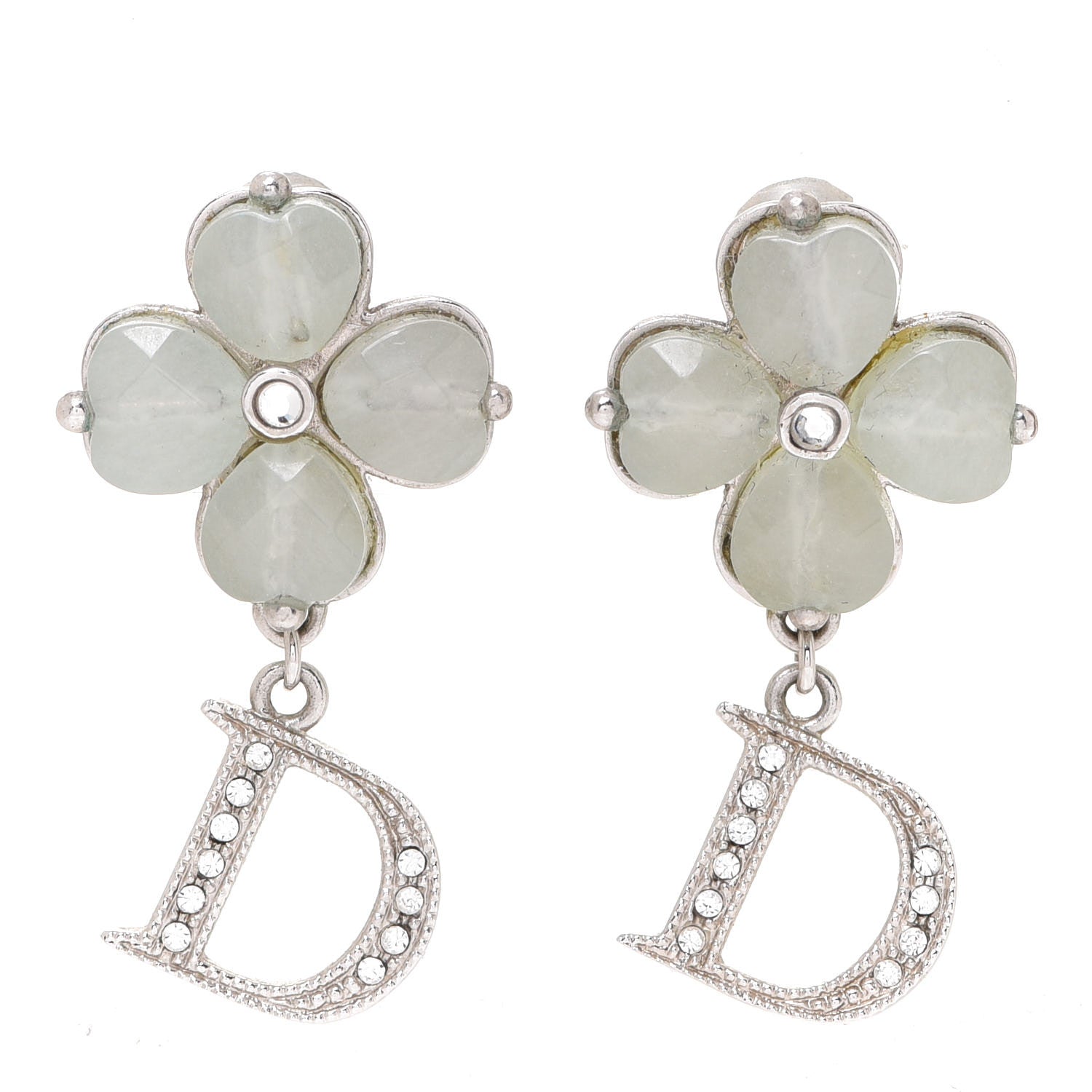 Christian Dior Pearl Crystal Clover Drop Earrings Silver 1 of 4