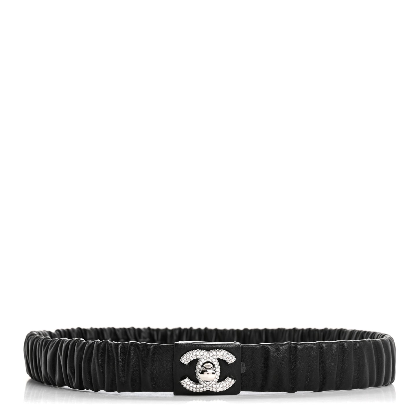 Ruched Calfskin Crystal CC Turnlock Belt  80 32 Black
