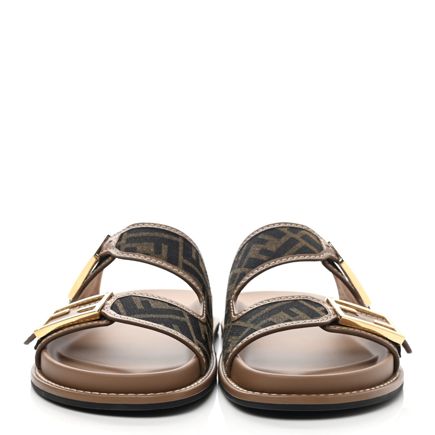 Fabric Jacquard Nappa FF Womens Fendi Feel Buckled Slide Sandals 41 Tobacco Black Miele Scuro