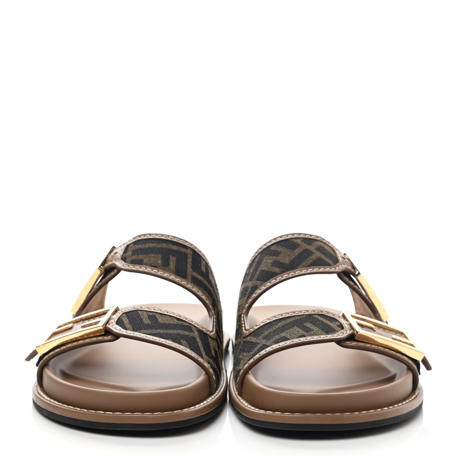 Fendi Fabric Jacquard Nappa FF Womens Fendi Feel Buckled Slide Sandals 41 Tobacco Black Miele Scuro 4 of 18