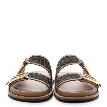 Fendi Fabric Jacquard Nappa FF Womens Fendi Feel Buckled Slide Sandals 41 Tobacco Black Miele Scuro 4 of 18