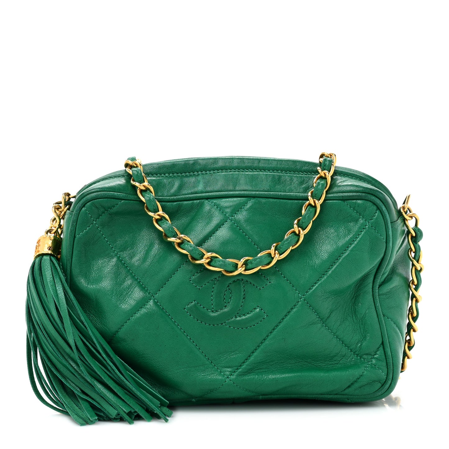 Lambskin Quilted CC Tassel Camera Case Green