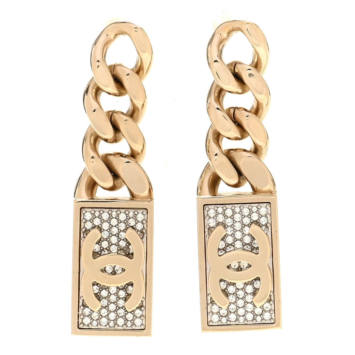 Chanel Crystal Dog Tag Charm Earrings Gold 1 of 5
