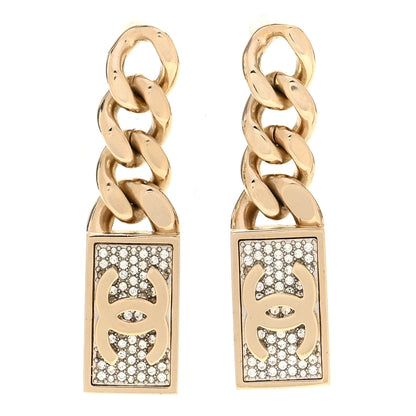 Chanel Crystal Dog Tag Charm Earrings Gold 1 of 5