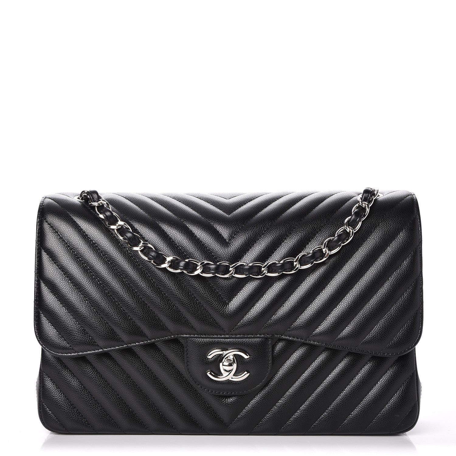 Chanel Metallic Caviar Chevron Quilted Jumbo Double Flap Black 1 of 8