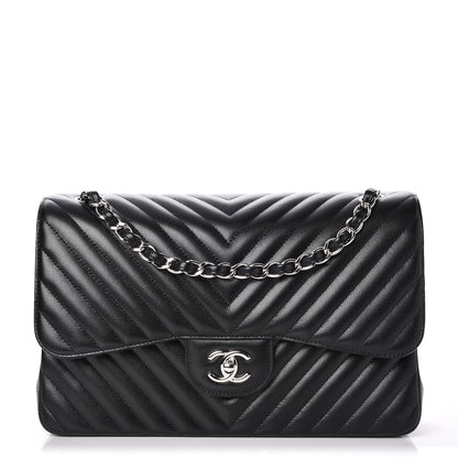 Chanel Metallic Caviar Chevron Quilted Jumbo Double Flap Black 1 of 8