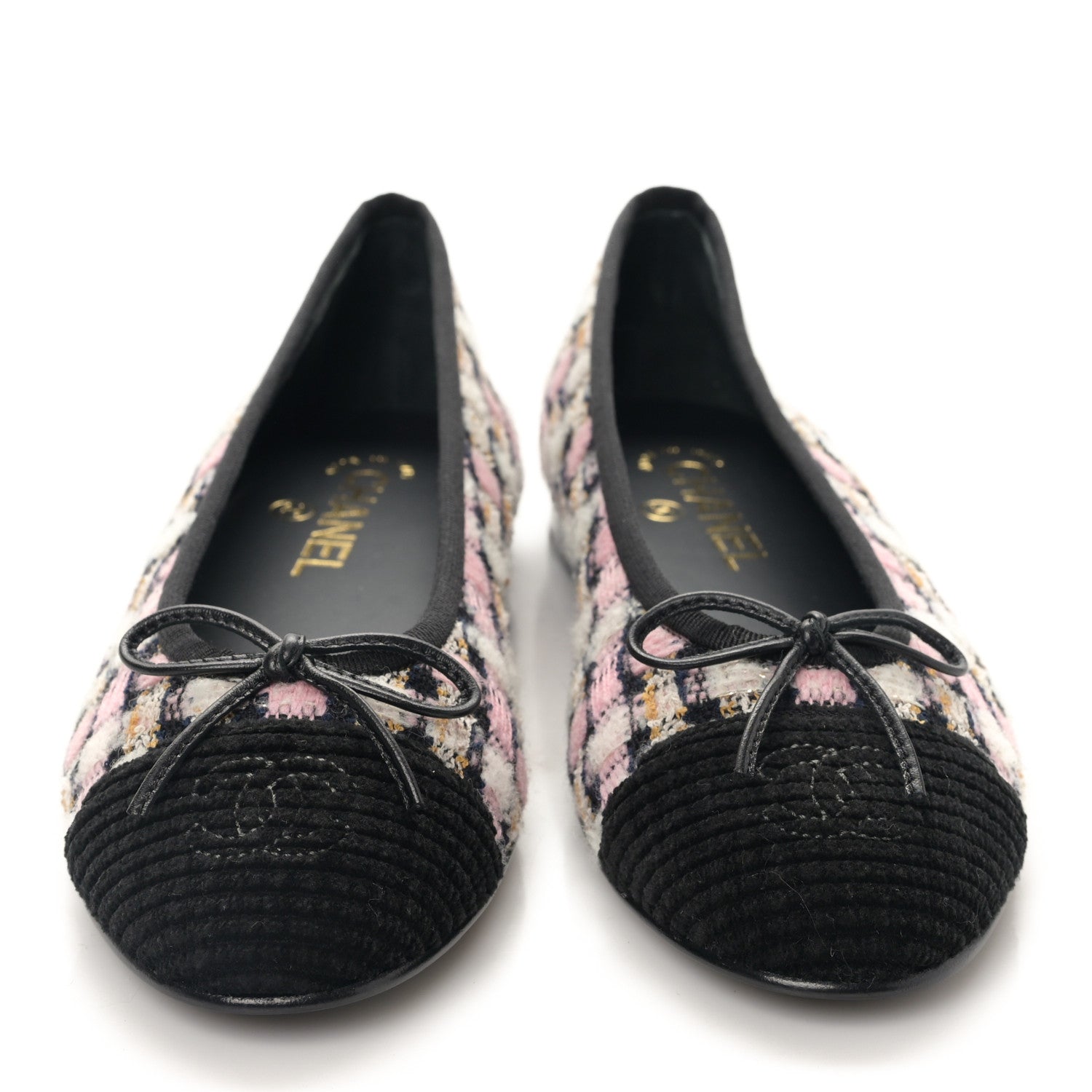 Chanel Wool Cotton Tweed Corduroy Cap Toe Ballerina Flats 38 Black Multicolor 2 of 9