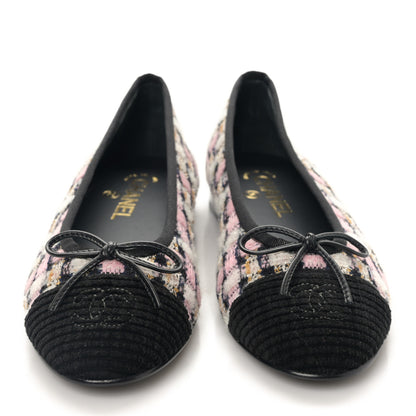 Chanel Wool Cotton Tweed Corduroy Cap Toe Ballerina Flats 38 Black Multicolor 2 of 9