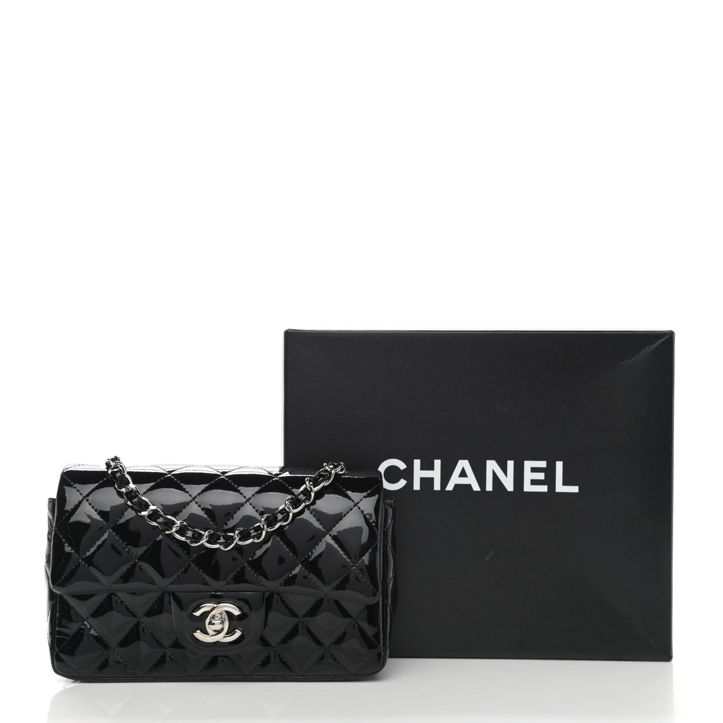 Patent Calfskin Quilted Mini Rectangular Flap Black