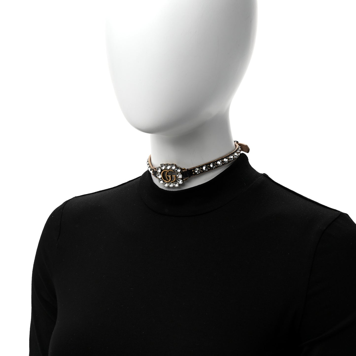 Calfskin Crystal Embellished Double G Choker Necklace Black