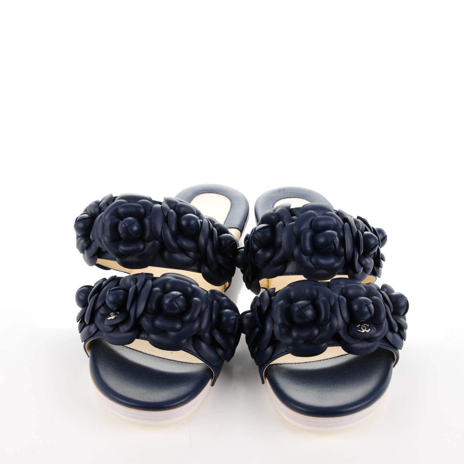 Chanel Lambskin Camellia Sandals 38 Dark Navy Blue 2 of 8